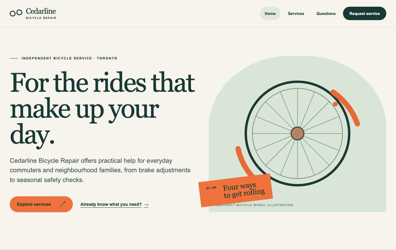 Actual Cedarline bicycle repair website with sage green artwork and a bicycle wheel
